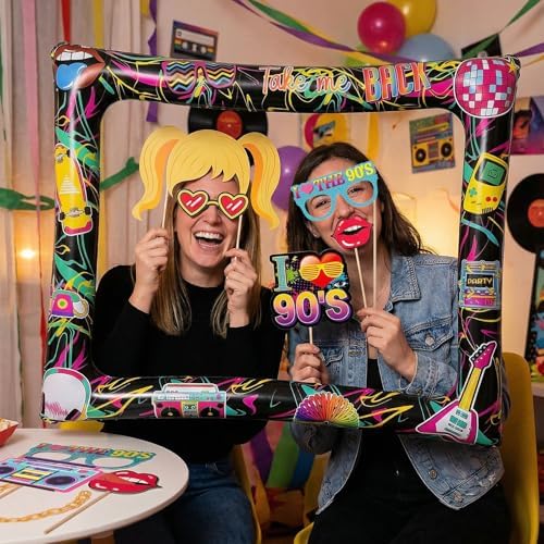 90s Inflatable Photo Frame & Props, 25Pcs Back to The 90s Photo Booth Props with Inflatable Selfie Picture Frame for 1990s Throwback Birthday Party Supplies