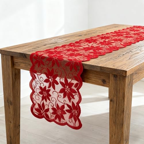 Red Lace Table Runners for Christmas Wedding Bridal Shower Baby Shower Party Table Decoration, Rustic Rose Embroidered Boho Table Runner,13 x 72 Inch (Red)
