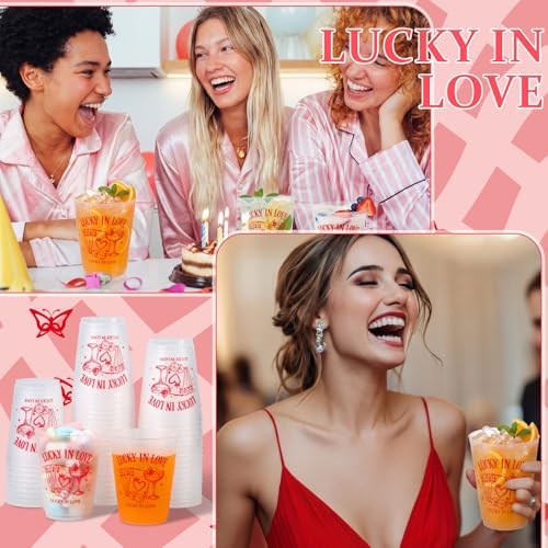 Tioncy 50 Pcs 16oz Lucky in Love Frosted Cups Bachelorette Party Plastic Cup Lucky in Love Plastic Cup, Las Vegas Bachelorette Reusable Bulk for Valentine Party Drink Supplies