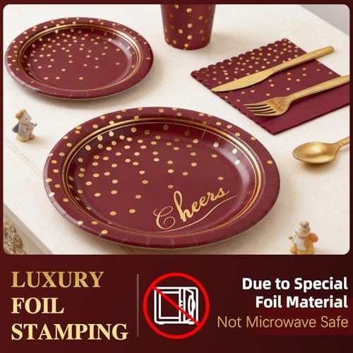 168Pcs Maroon and Gold Paper Plates and Napkins Party Supplies for 24 Guest