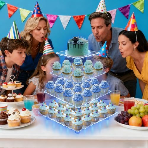 YestBuy 4 Tier Cupcake Stand with Blue Lights, Cupcake Tower Stand 50 Cupcakes