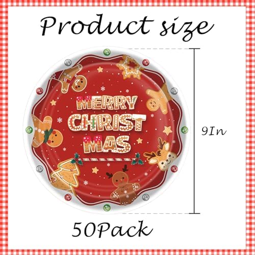50 Count Christmas Paper Plates 9 Inch Dessert Plates Disposable Tableware Gingerbread Appetizer Plates for Cookie Dinner Brunch Merry Christmas Gender Reveal Party Decorations Supplies