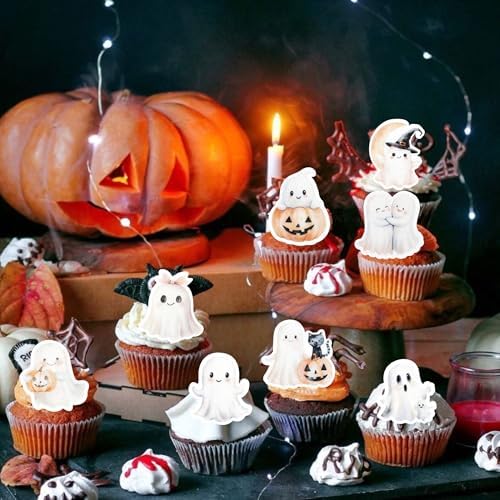 60 PCS Edible Halloween Cupcake Toppers Wafer Paper Spooky Cat Wizard Hat Pumpkin Cupcake Picks Edible Cat Ghost Cake Decorations for Baby Shower Birthday Halloween Party Cake Decorations Supplies