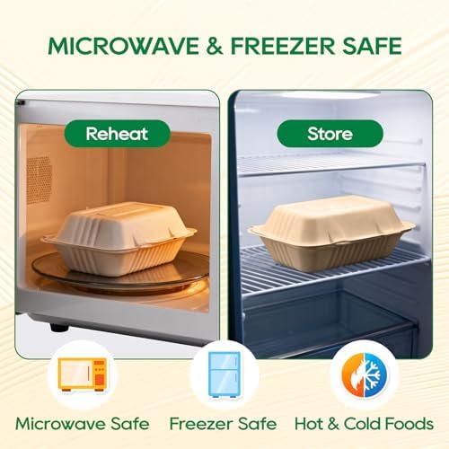 Turbo Bee 75 Pack Natural Compostable Take Out Containers, 9x6 Disposable Clamshell Food Containers with Lids, To Go Boxes for Food Truck, BBQ, Meal Prep & Catering
