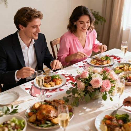 6 Set Valentine's Day Placemats, 11x16 Inch Love Heart and Bead Plastic Placemats Red Pink Hearts Spring Holiday Table Mats for Wedding Party Festival Decor