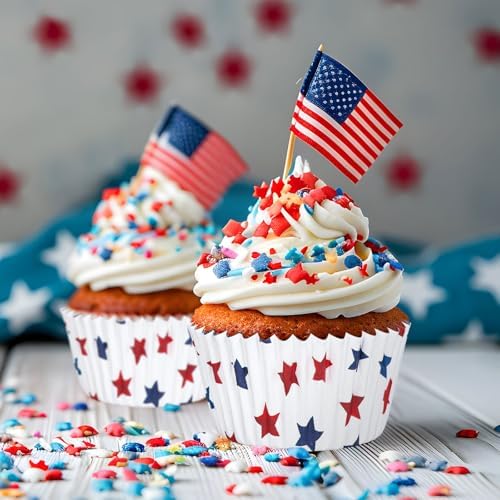 JarThenaAMCS 300Pcs Patriotic July 4th Cupcake Liners Red Blue Stars Paper Baking Cups Independence Day Standard Muffin Cupcake Wrappers for 250th Anniversary Memorial Day Party Supplies Table Decor