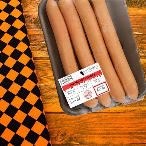 J&J's ToyScape Halloween Meat Tray Labels, 9 Piece Set, Spooky Food Theme Halloween Party Decor, Spooky Food Stickers, Glossy Water-Resistant Vinyl, 3x2 Inch