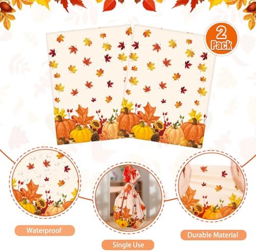 Thanksgiving Tablecloths, 2 Pack Pumpkin Maple Leaf Plastic Table Covers