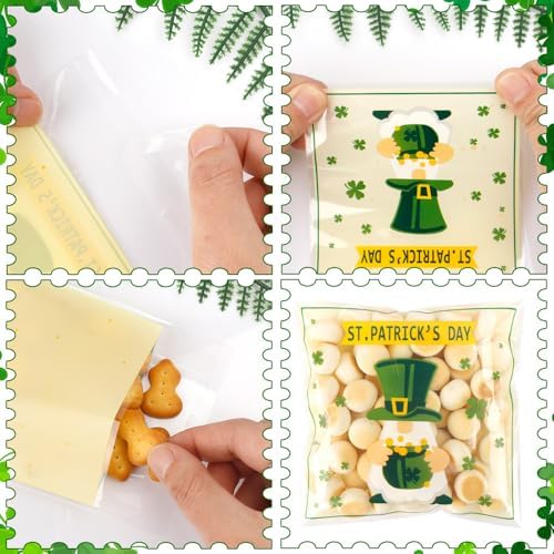 100 PCS Clear St Patricks Ziplock Bags, Plastic St Patricks Treat Gift Candy Goodie Snack Cookie Bags Party Favors Supplies for Gifts Giving Shamrock Bags Holiday Candy Bags Wrap