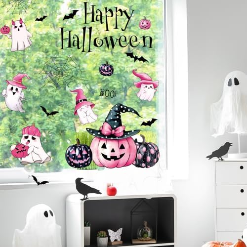 Whaline 6 Sheets Happy Halloween Window Clings Pink-Black Boo Ghost Pumpkin Spider Web Cat Reusable Window Decals for Home Classroom Office Glass Decor Party Supplies