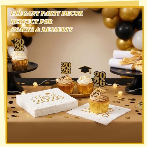 Natnarr Graduation Cocktail Napkins Class Of 2026, White Gold, 50 Pack