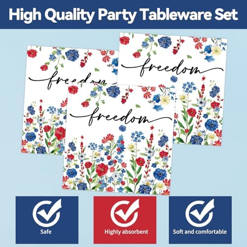 50Pcs 4th of July Flower Plates and Napkins Party Supplies, Disposable Patriotic Paper Plates Napkins Tableware Set for Memorial Independence Day Usa Party Decorations (Patriotic)