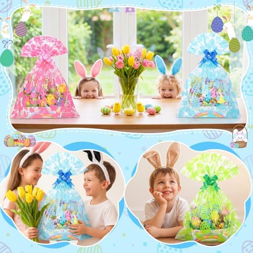 Gueevin 12 Sets Easter Empty Gift Baskets Bulk with Colorful Bunny Cellophane Bags & Ribbon Bows, DIY Basket to Fill for Egg, Candy, Treats, Birthday Party, 9.8 x 6.5 x 3.5 Inch