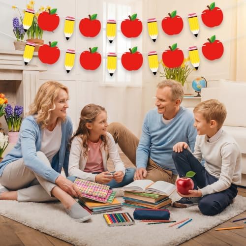 Back to School Decorations Banner - DIY Paper Pencil and Apples Banners, Red Yellow Welcome to School Sign Garland for First Day of Schools Classroom Themed Party Decor Supplies Favors Props