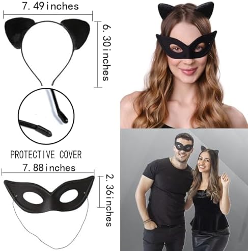 Halloween Cat Costume Accessories for Women, 5PCS Cute Black Cat Mask Ears and Tail Set, CatClaw Gloves Necklace for Adults Party Masquerade Cosplay