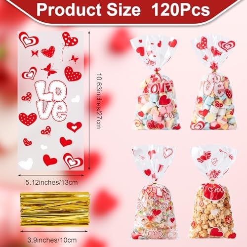 Valentines Cellophane Bags 120pcs Valentines Candy Bags with 140pcs Twists