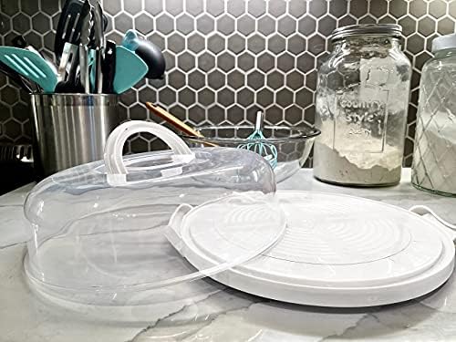 Top Shelf Elements Pie, Cheesecake Carrier for up to 10 in x 4 1/2 in cake. Two Sided Fashionable Stand Doubles as Five Section Serving Tray Perfect Taker Caddie for Travel (White)