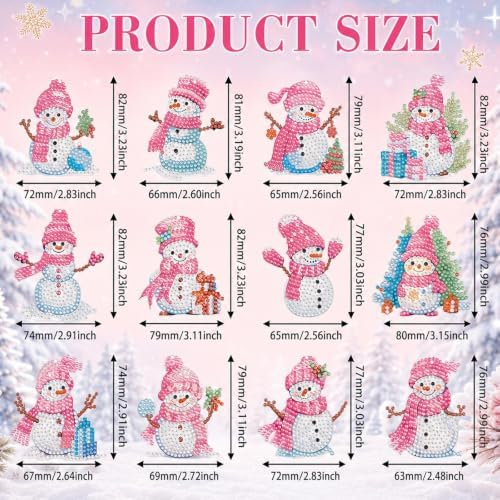 Ferraycle 12 Pcs Diamond Art Christmas Ornaments Snowman Diamond Painting Kit 5d DIY Art Keychains Winter Hanging Ornaments for Kids Winter Home Crafts Decorations(Pink)