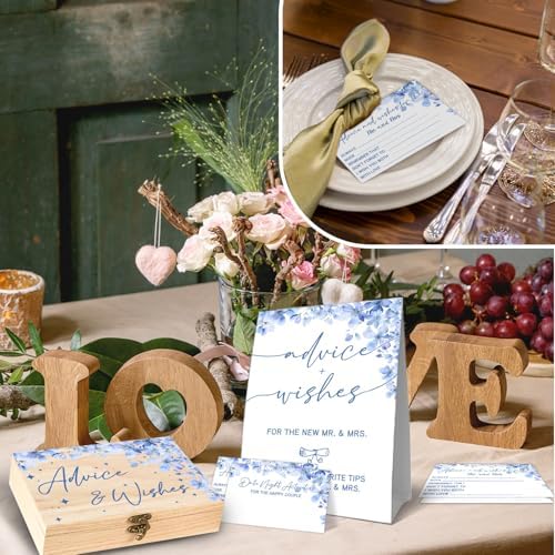 Advice And Wishes For the New Mr and Mrs - 50 Pcs Blue Flower Wedding Advice Cards Box, Advices and Wishes Cards For Bride and Groom,Newlyweds,Blue Flower Wedding Bridal Shower Decorations