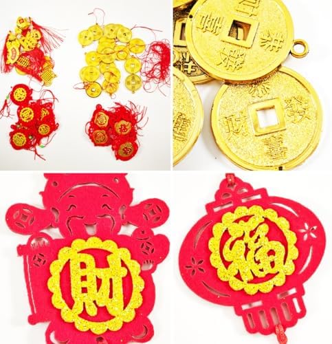 KYMY Chinese New Year Hanging Ornaments Set – 42pcs Red & Gold Lucky Decorations with Coins, Fu Charms & Lanterns, 2026 Zodiac Horse Year Spring Festival Pendants for Tree, Branch & Home Decor