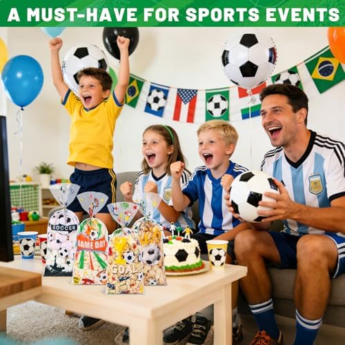 QOIUSO 50PCS Soccer Cellophane Treat Bags - Clear Plastic Goodie Bags with 60 Gold Twist Ties - Soccer Party Favor Bags for Candy, Snacks, Game Day, Sports Events, Birthday & School Activities