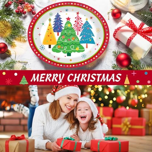 Lonfliness 50Pcs Colorful Christmas Tree Plates Disposable Paper Christmas Tree Party Decorations Supplies 11 Inch Oval Plate Platter Dish Tray, Xmas Holiday Tableware Dinnerware