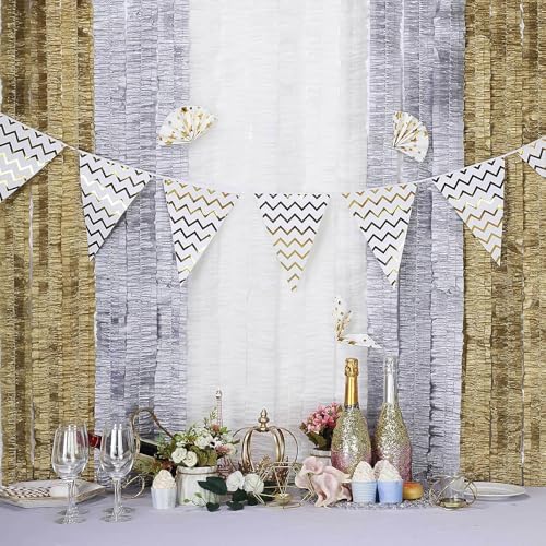 FOONEA Crepe Paper Streamers - 4 Rolls 328ft Silver Crepe Paper for Party, Wedding, Birthday & Baby Shower Decorations