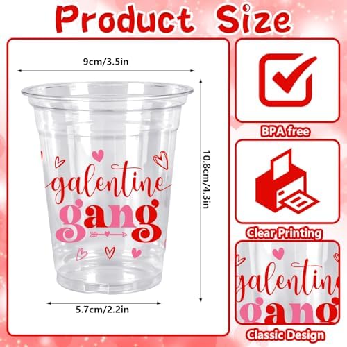 Whaline 50 Pcs 12 Oz Galentines Day Disposable Cup Plastic Party Cup Galentines Gang Heart Clear Glasses for Girls Ladies Valentine's Day Party Coffee Juice Drink Supplies Decorations