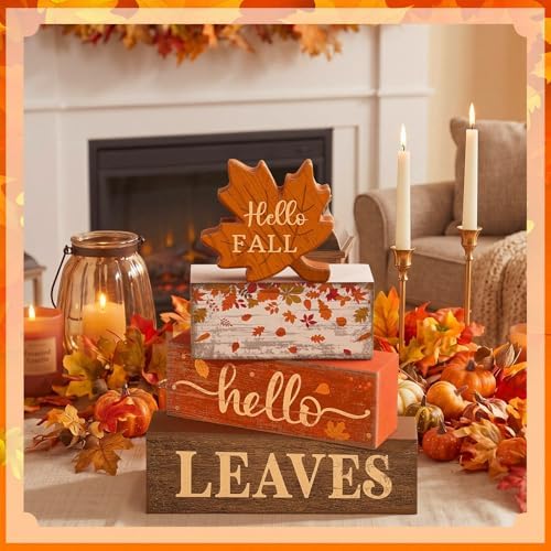 Moucuny 4 Pcs Fall Table Decorations for Home, Maple Leaf Wooden Sign Set