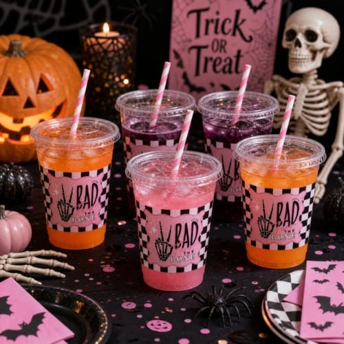 FillTouch 50 Pcs Halloween Bad Two The Bone Plastic Cups with Lids Straws