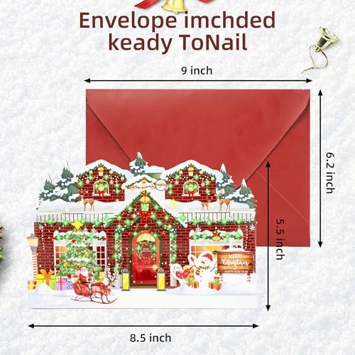 Christmas Card with Lights and Music,3D Pop Up Christmas Gift Greeting Card with Envelopes,Plays 3 Melody with Matching Flashing Lights