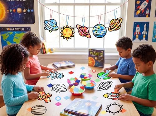 Renbuzhu 48PCS Solar System Space Paper Suncatchers DIY Project Kits, Back to School Window Stained Glass Effect Art Supplies for Party