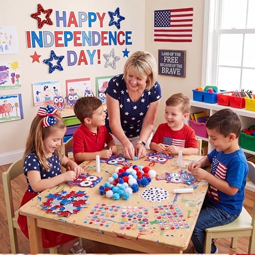 Funrous 48 Sets Crafts Kit Paper Crafts DIY Make Your Own Hanging Ornaments with Pompoms Diamond Stickers for Holiday Classroom Activities Party Favors, Patriotic Owl