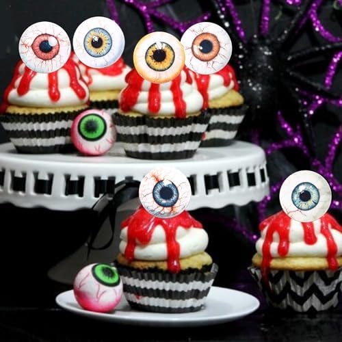 60 PCS Edible Eyeballs Cupcake Toppers Wafer Paper Horror Eyeballs Cupcake Picks Edible Dessert Sprinkles Bloody Eyes Halloween Cupcake Decorations for Halloween Party Cake Decorations Supplies