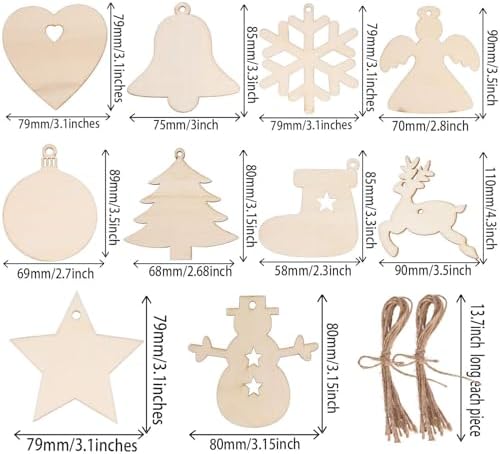 DECYOOL 50Pcs Christmas Wooden Ornaments Set, 10 Styles Plain DIY Crafts