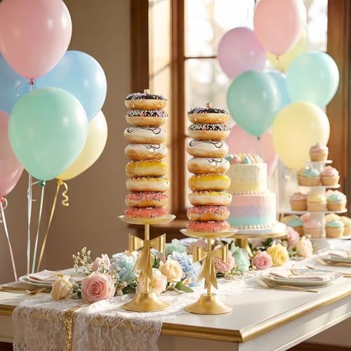 AIM & GGKK Gold Bow Donut Stand, 2 Pieces Metal Donut Display Stand Set for Wedding Birthday Party Dessert Table Decorations, Elegant Gold Bow Design Tower Holder for Donuts Bagels, Party Supplies