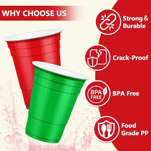 LANLISA 100Pcs Red and Green Plastic Cups, 16 oz Disposable Cups For Christmas Birthday Party Decorations