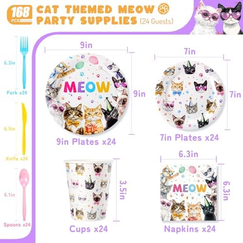 Cats Birthday Party Plates Set,168PCS Cat Birthday Tableware Party Supplies