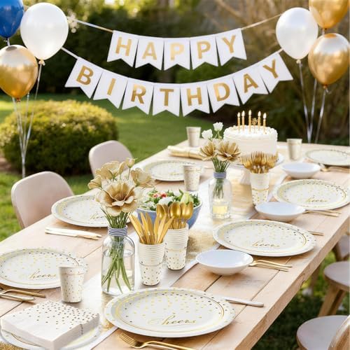 168Pcs White and Gold Paper Plates and Napkins Party Supplies for 24 Guest