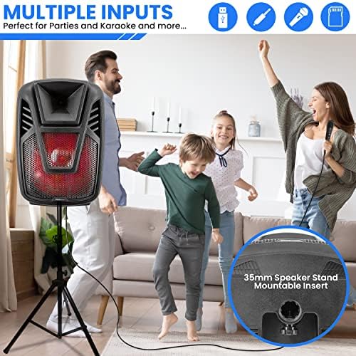 Pyle 15” Portable Bluetooth PA Speaker System - 800W Wireless Rechargeable Loudspeaker with LED Party Lights, Rolling Wheels, Built-in Amp, & Remote Control - Indoor/Outdoor Karaoke Machine (Black)