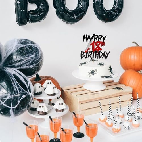 1 PCS Happy 12th Birthday Cake Topper Black Glitter Cheers to 12 Years Horror Blood Knife Have a Killer Birthday Cake Pick for Halloween Killer 12th Birthday Party Cake Decorations Supplies