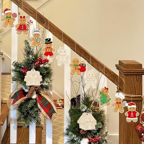 36PCS Wooden Christmas Ornaments to Paint, 12 Styles DIY Blank Unfinished Wood Gingerbread Man Cutouts Ornament for Crafts Winter Hanging Decorations
