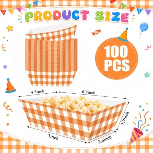 100 Pcs Orange Checkered Paper Food Trays, Pre-Folded Disposable Snack Boats for Popcorn, Candy, Fries, Nachos, Snacks, Movie Night Party Supplies, Cinema Themed Serving Trays