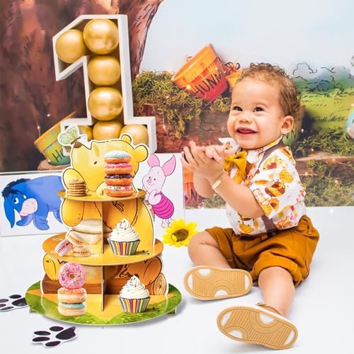 Winnie Theme Cupcake Stand - 3 Tier Winnie Party Dessert Holder, Cute Winnie Cardboard Cake Stand for Birthday Party Decorations, Winnie Cupcake Display for Kids Baby Shower Supplies