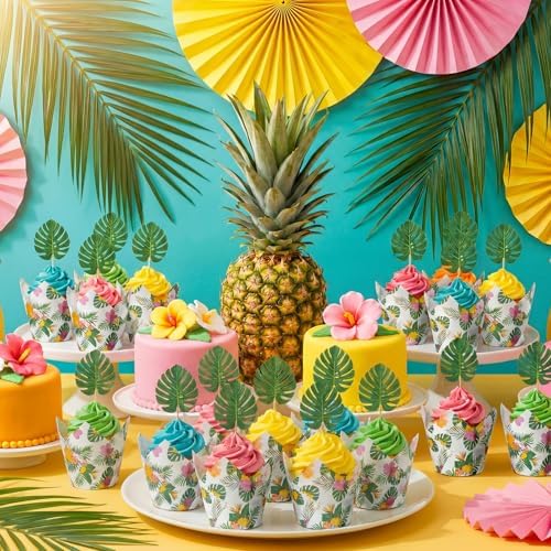 Maxdot 200 Pcs Hawaiian Tulip Cupcake Liners for Baking Palm Leaf Hibiscus Paper Muffin Baking Cups Tropical Luau Tulip Muffin Liners Wrappers for Summer Hawaii Birthday Party
