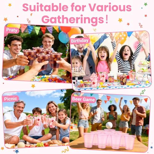 50 Pcs Clear Pink Plastic Cups, 12 oz Disposable Cups for Party