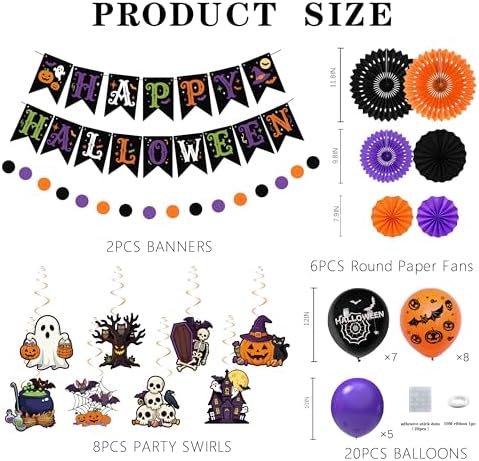 36 Pcs Halloween Party Decorations Indoor, Orange Purple Black Happy Halloween Banner Paper Fans Swirls and Printed Balloons, Spooky Room Wall Decor Supplies