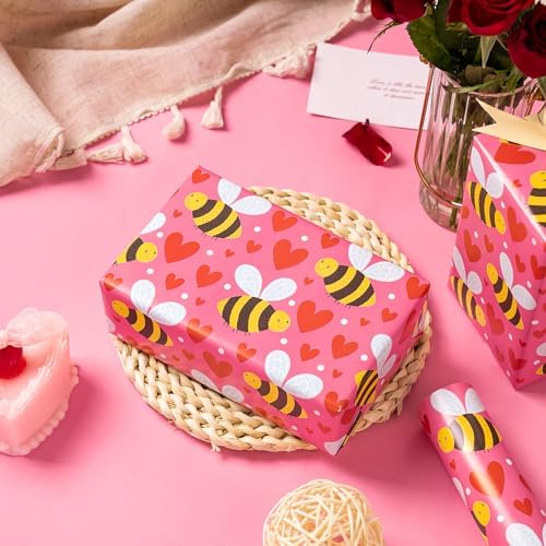 WRAPAHOLIC Valentines Day Wrapping Paper Roll - 17 Inch x 16.5 Feet - Sweet Hearts and Bee Wrapping Paper Perfect for Valentine's Day, Wedding, Anniversary, Birthday