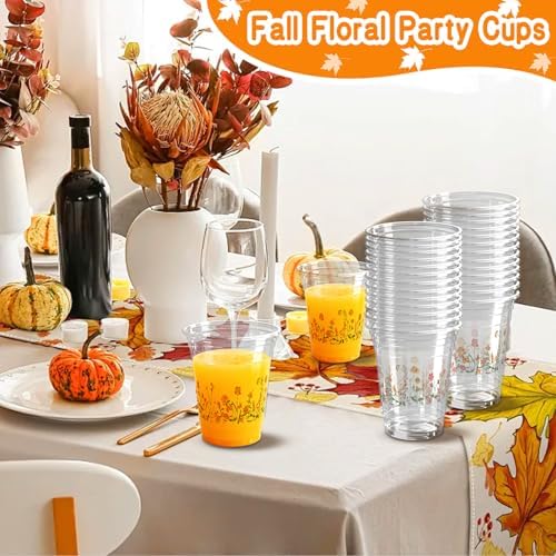 100 Pcs Fall Flower Plastic Cups 12oz Floral Wildflower Disposable Clear Cups for Autumn Birthday Fall Party Supplies