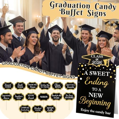 Spakon 24 Pcs Grad Candy Buffet Labels with Stand, Table Signs, Black Gold